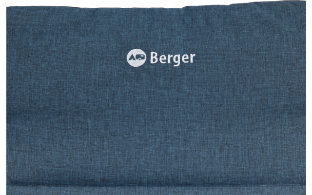 Dunkelblauer, strukturiert wirkender Stoff mit weißem Schriftzug 'Berger' und rundem weißen Logo darüber