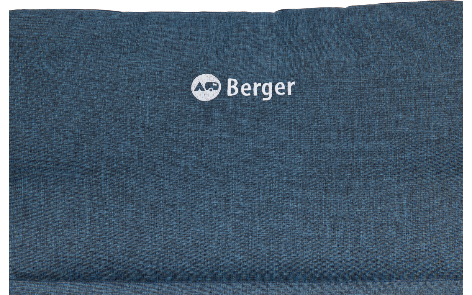 Dunkelblauer, strukturiert wirkender Stoff mit weißem Schriftzug 'Berger' und rundem weißen Logo darüber