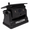 Schwarzes rechteckiges Gerät mit zentraler Linse, zwei kleinen LEDs, klappbarem Sonnenschutz und weißem Schriftzug 'FALCON' auf der Basis