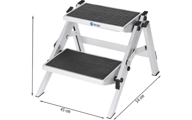 Weiße zweistufige Trittleiter mit schwarzen rutschfesten Stufen und Maßen