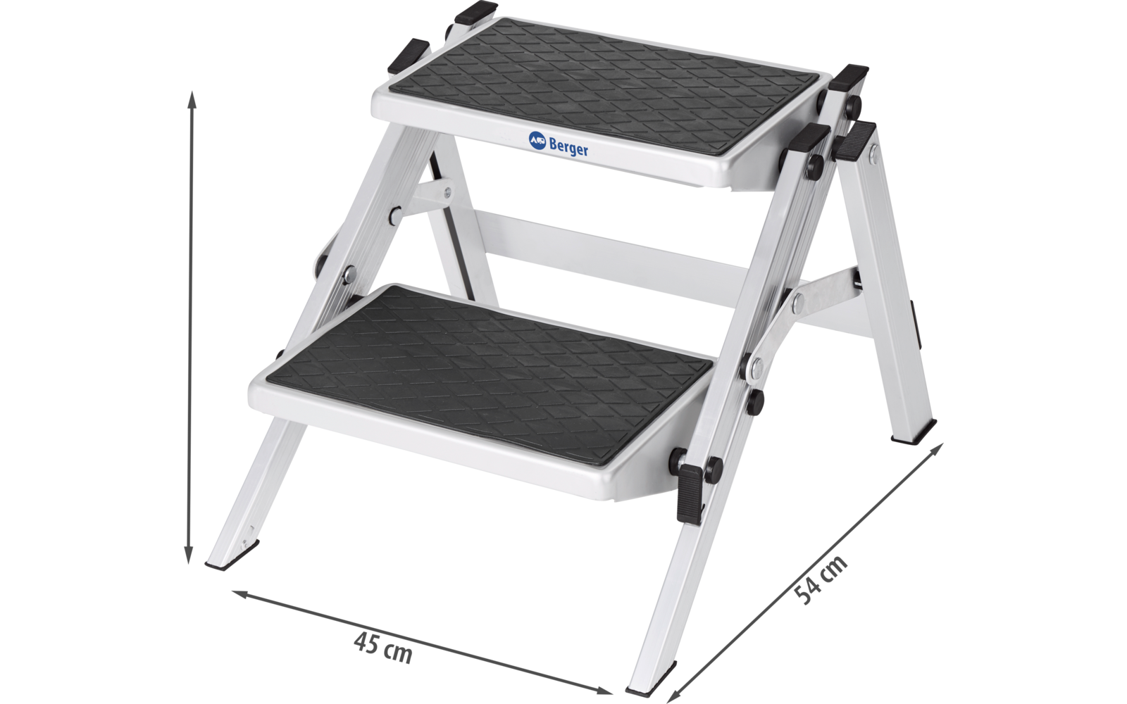 Weiße zweistufige Trittleiter mit schwarzen rutschfesten Stufen und Maßen