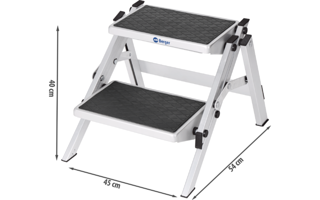 Weiße zweistufige Trittleiter mit schwarzen rutschfesten Stufen und Maßen