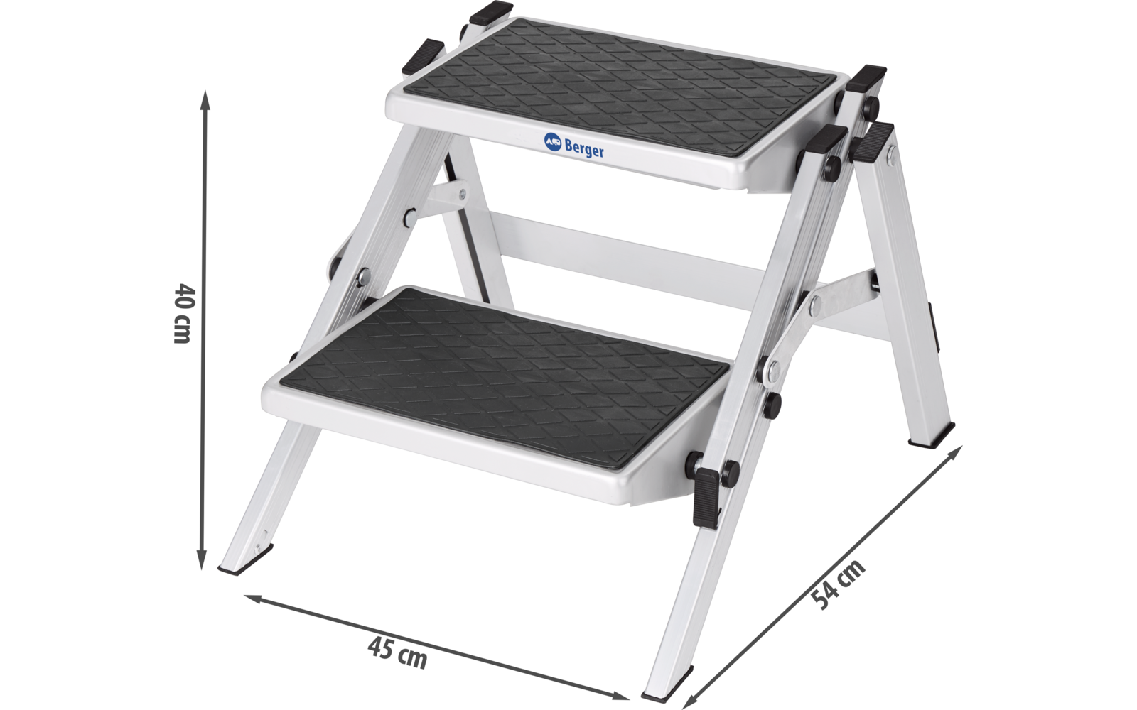 Weiße zweistufige Trittleiter mit schwarzen rutschfesten Stufen und Maßen