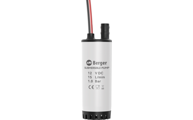Cilindervormige witte en zwarte dompelpomp met rood en zwart kabel, zijwaartse uitlaatnippel en bedrukt etiket 'Berger SUBMERSIBLE PUMP 12 V DC 15 L/min 1.0 Bar'