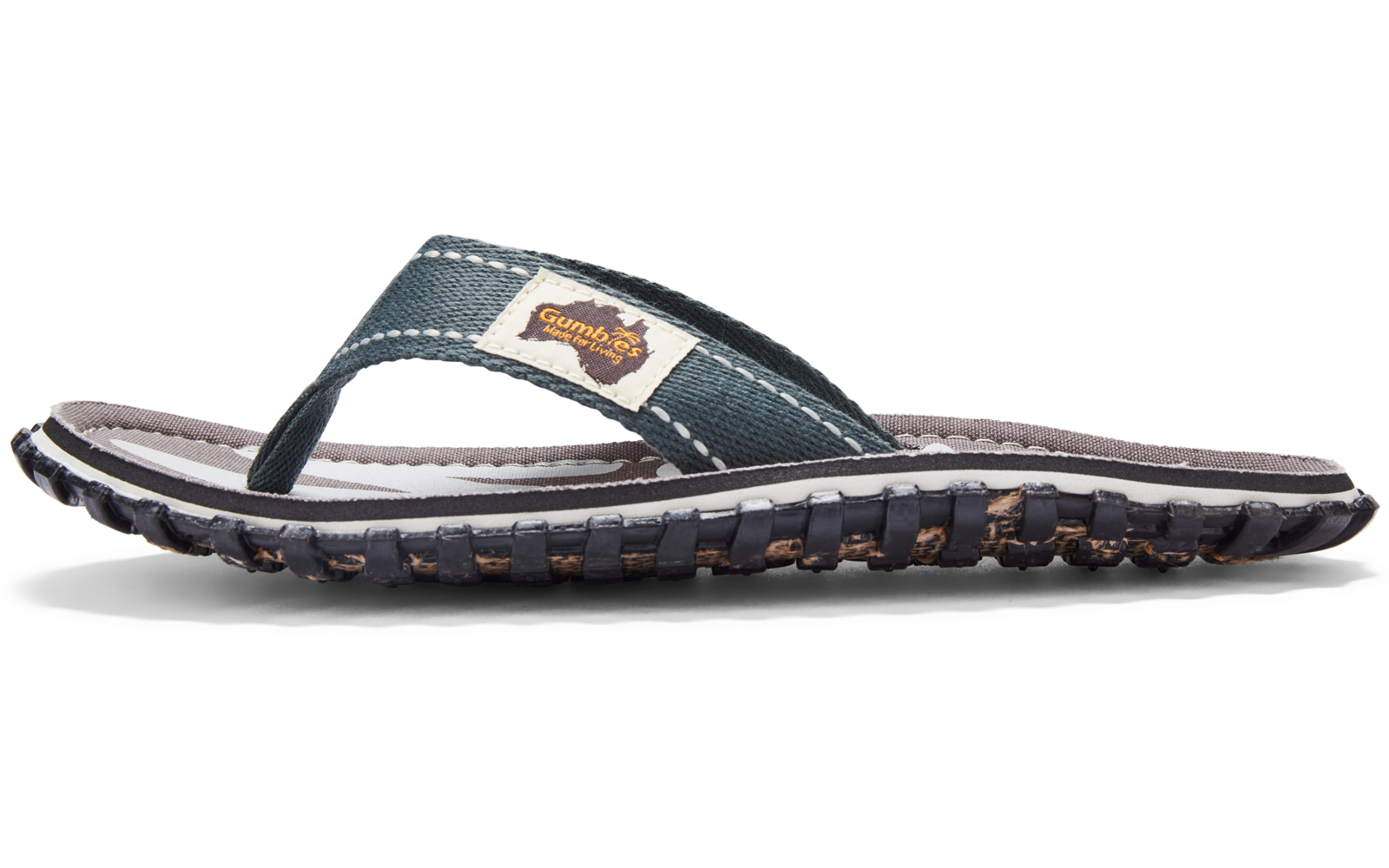 A single dark blue flip‑flop with a V-shaped fabric strap, lighter insole, textured black rubber sole, and a small rectangular label on the strap