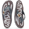 Two flip‑flops side by side, gray straps, brown‑gray footbeds with white abstract pattern, textured rubber soles
