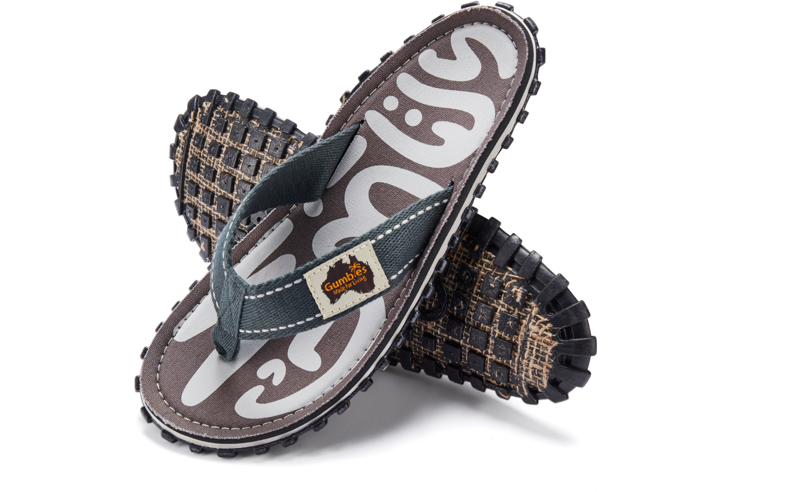 Two teal-gray flip-flops stacked, light gray footbeds with white pattern, fabric straps with yellow brand tag, and chunky black lug soles