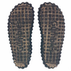 Two shoe soles side by side, black rubber treads with light-brown woven pattern and tread lugs, on white background