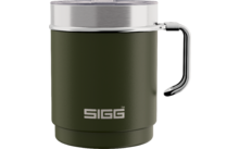 Tasse vert olive avec anse, bord argenté, couvercle transparent et logo «SIGG» sur le devant