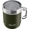 Grüner Becher mit Edelstahlrand und -innenfläche, metallischer Griff rechts und weißes SIGG-Logo vorne