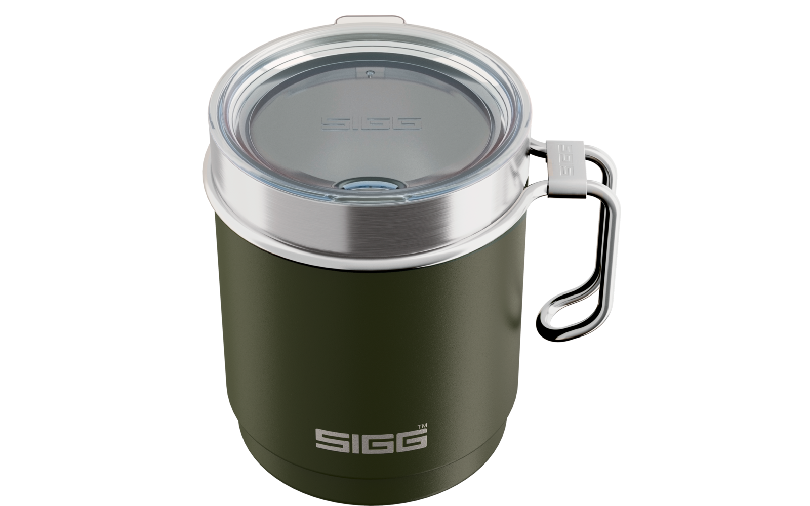 Olivegrüner Becher mit Edelstahlrand, transparentem Plastikdeckel, seitlichem Metallbügelgriff mit Clip und weißem "SIGG"-Logo vorne