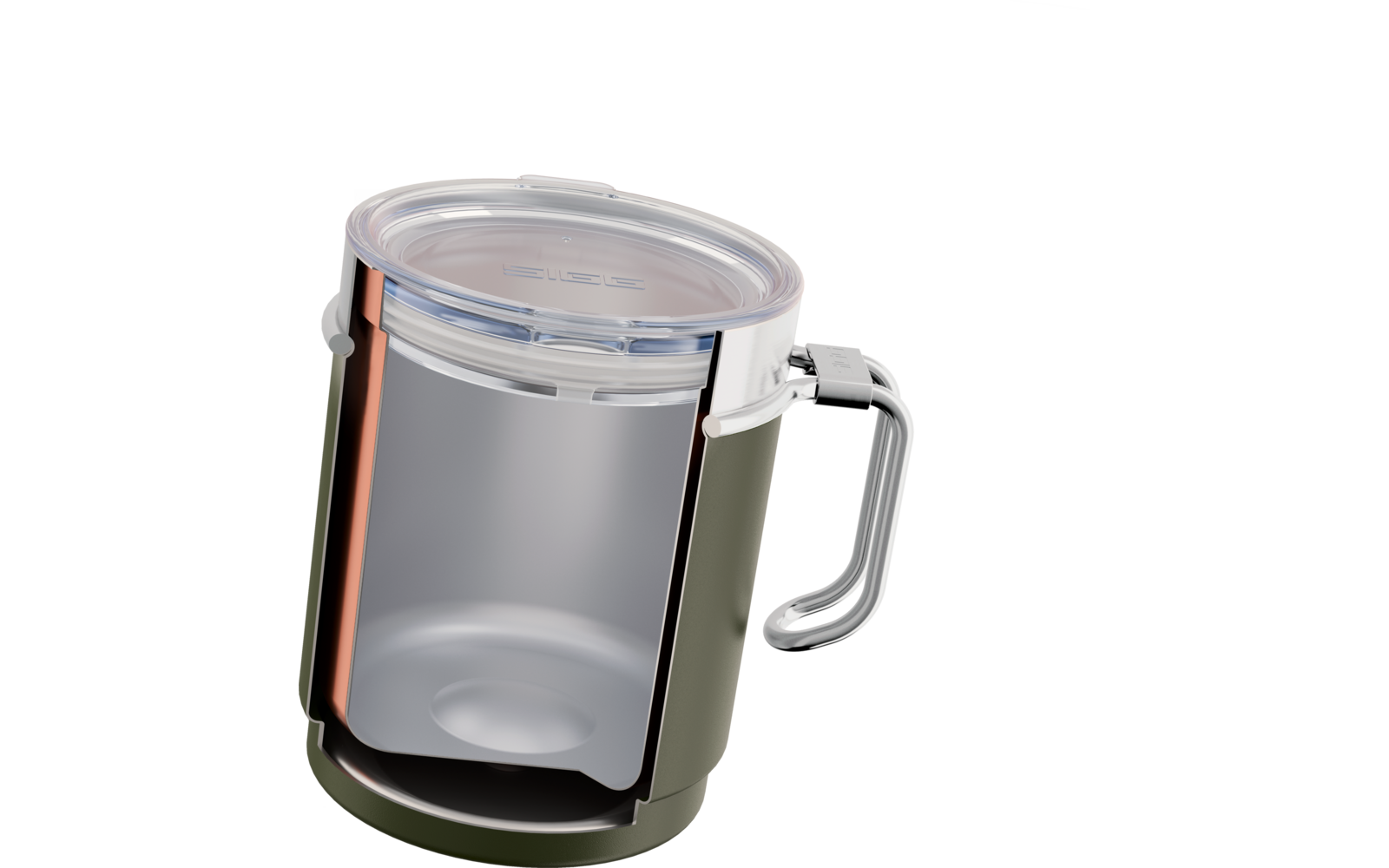 Transparenter zylindrischer Becher mit klarem Deckel, olivgrünem Außenmantel und silbernem Griff