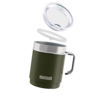 Grüner Becher mit Henkel und SIGG-Logo, transparenter Deckel geöffnet über dem Becher, Dichtungsring sichtbar