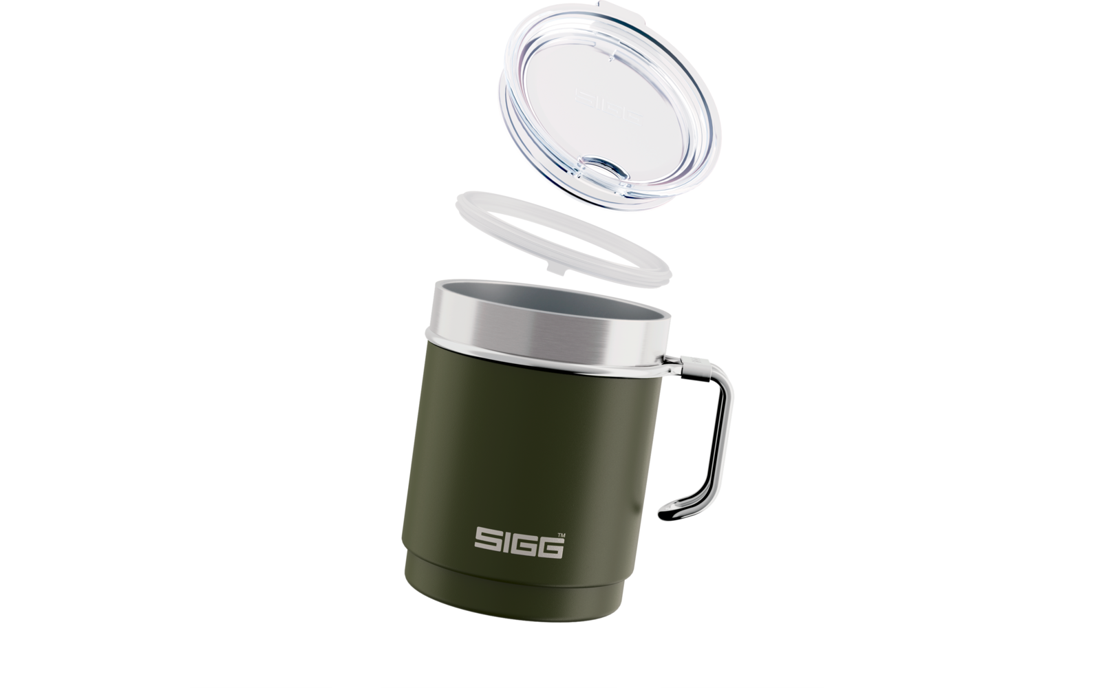 Grüner Becher mit Henkel und SIGG-Logo, transparenter Deckel geöffnet über dem Becher, Dichtungsring sichtbar