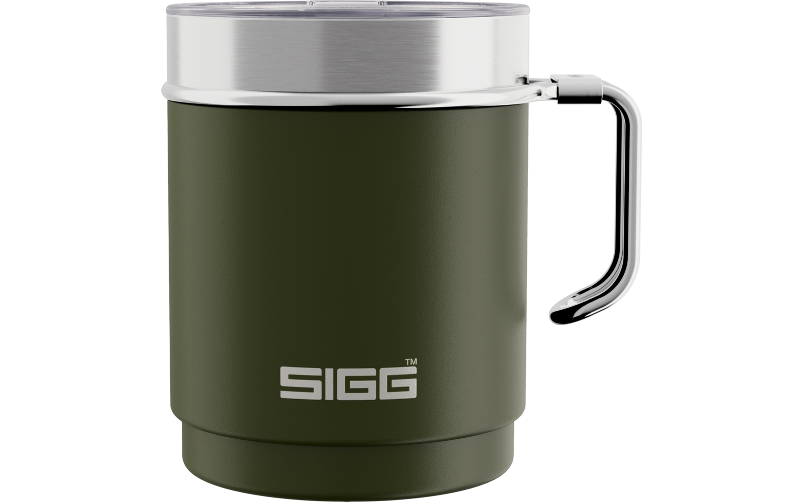 Tasse vert olive avec anse, bord argenté, couvercle transparent et logo «SIGG» sur le devant