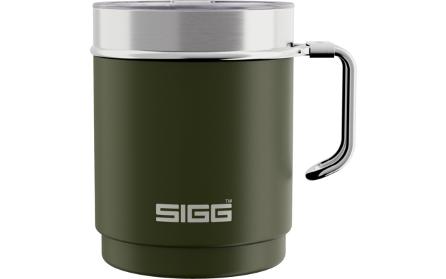 Tasse vert olive avec anse, bord argenté, couvercle transparent et logo «SIGG» sur le devant