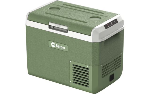Rechteckiges grünes Gerät mit weißem Deckel, seitlichen Lüftungsschlitzen, digitalem Bedienfeld an der Vorderkante und Markenlogo Berger