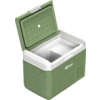 Grüne rechteckige Kühlbox mit offenem Deckel, weißem Innenraum und Griffen, auf weißem Hintergrund