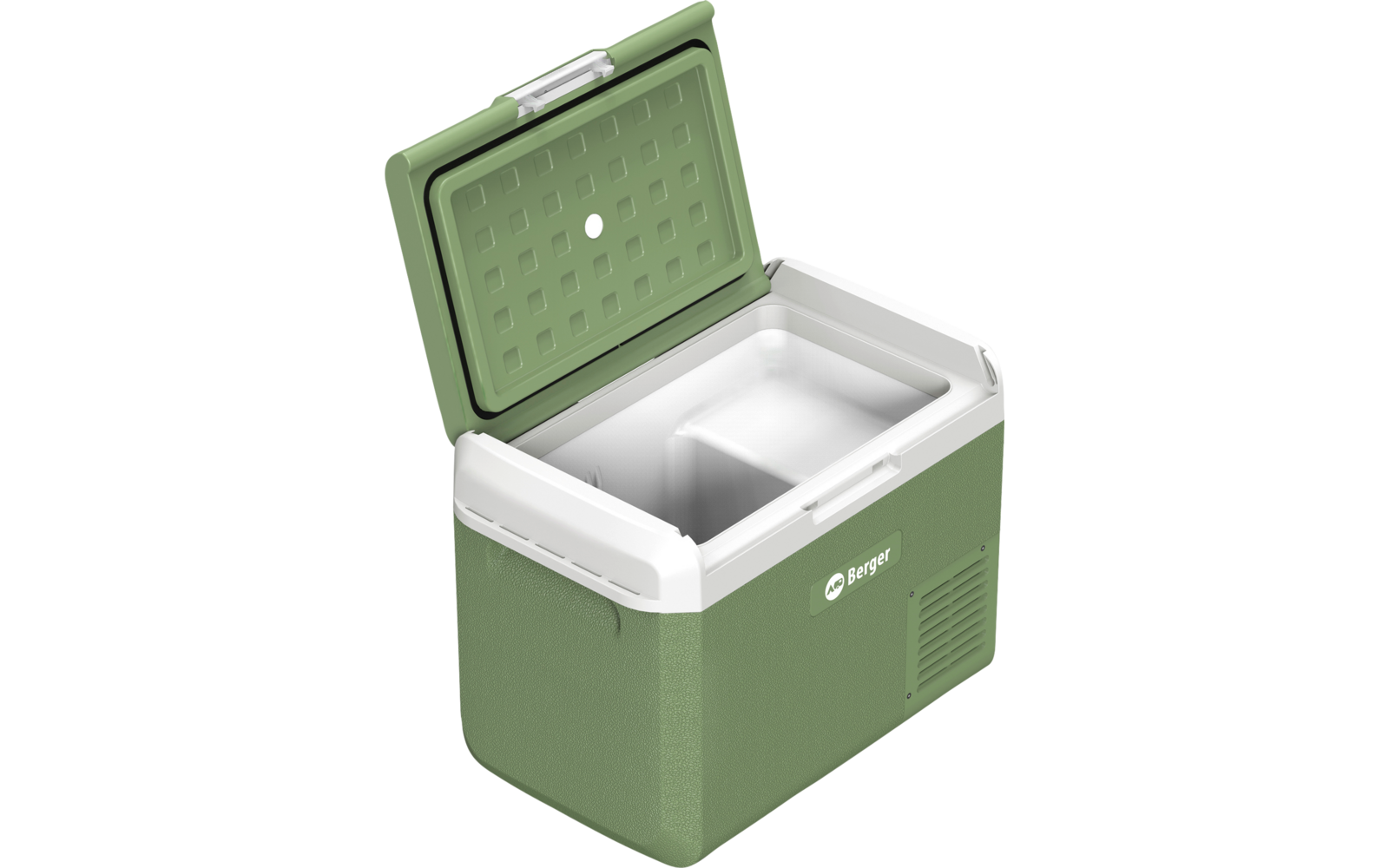 Grüne rechteckige Kühlbox mit offenem Deckel, weißem Innenraum und Griffen, auf weißem Hintergrund