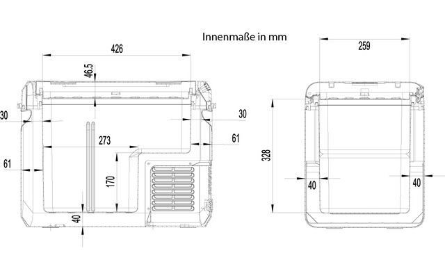 Dessin technique avec deux vues d'un objet rectangulaire, cotes en mm (par ex. 426, 259, 329, 273, 110, 61, 40, 30, 45,5), grille en bas à droite, lignes de cote avec flèches et le texte « Innenmaße in mm » en haut