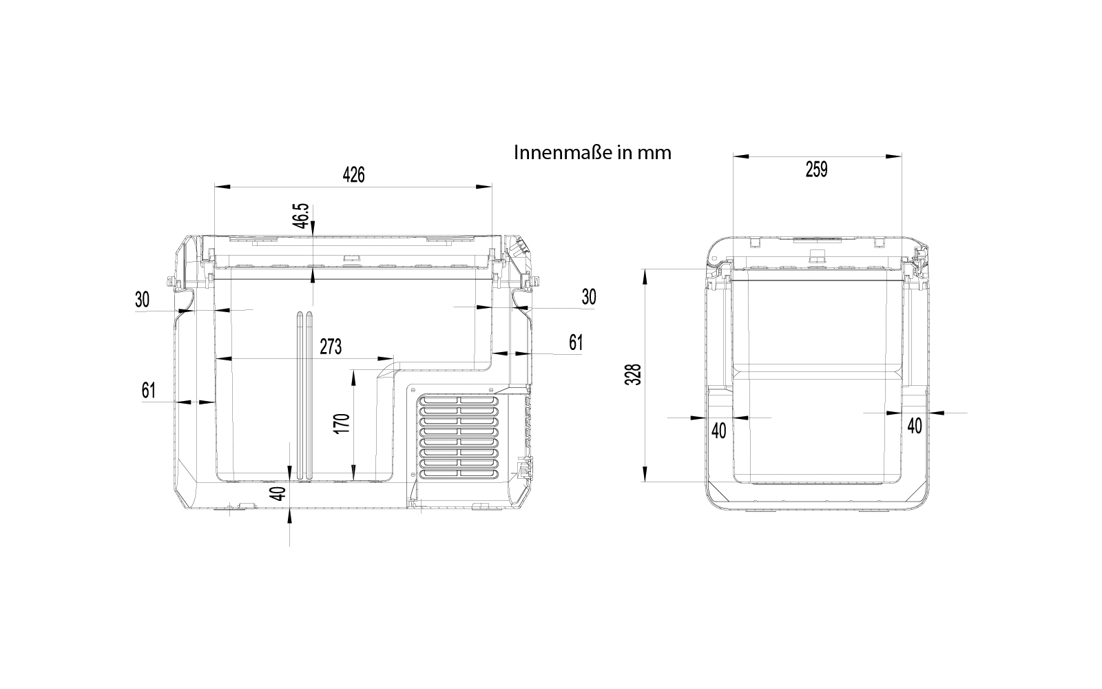 Dessin technique avec deux vues d'un objet rectangulaire, cotes en mm (par ex. 426, 259, 329, 273, 110, 61, 40, 30, 45,5), grille en bas à droite, lignes de cote avec flèches et le texte « Innenmaße in mm » en haut