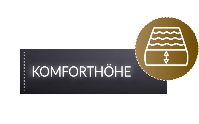Black sign with the word Komforthöhe and a round symbol showing a roof window with an arrow pointing up and down