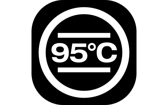 White symbol on black, showing 95 degrees Celsius inside a circle