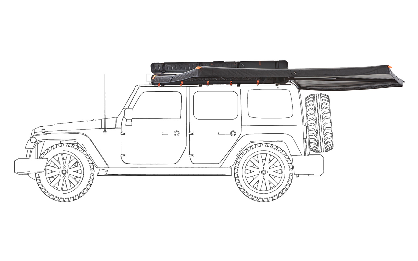Seitenansicht eines viertürigen Geländewagens mit aufgestelltem Dachzelt, ausgefahrener Markise und hinten montiertem Ersatzreifen