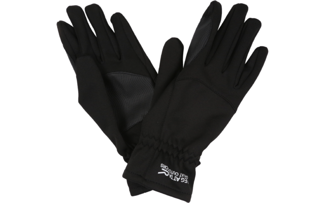 Ein Paar schwarze Handschuhe aus Stoff mit elastischem Handgelenk