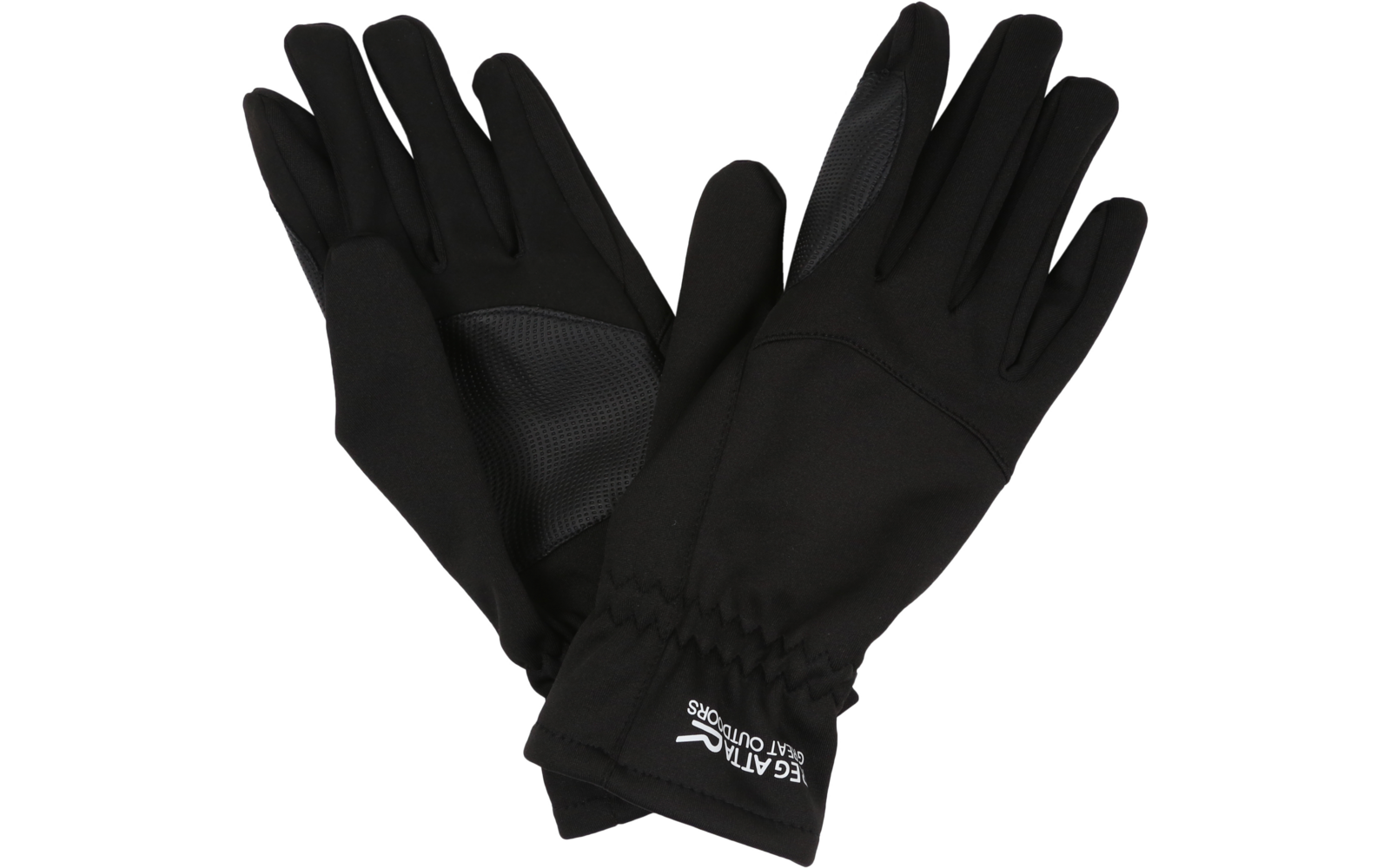 Ein Paar schwarze Handschuhe aus Stoff mit elastischem Handgelenk