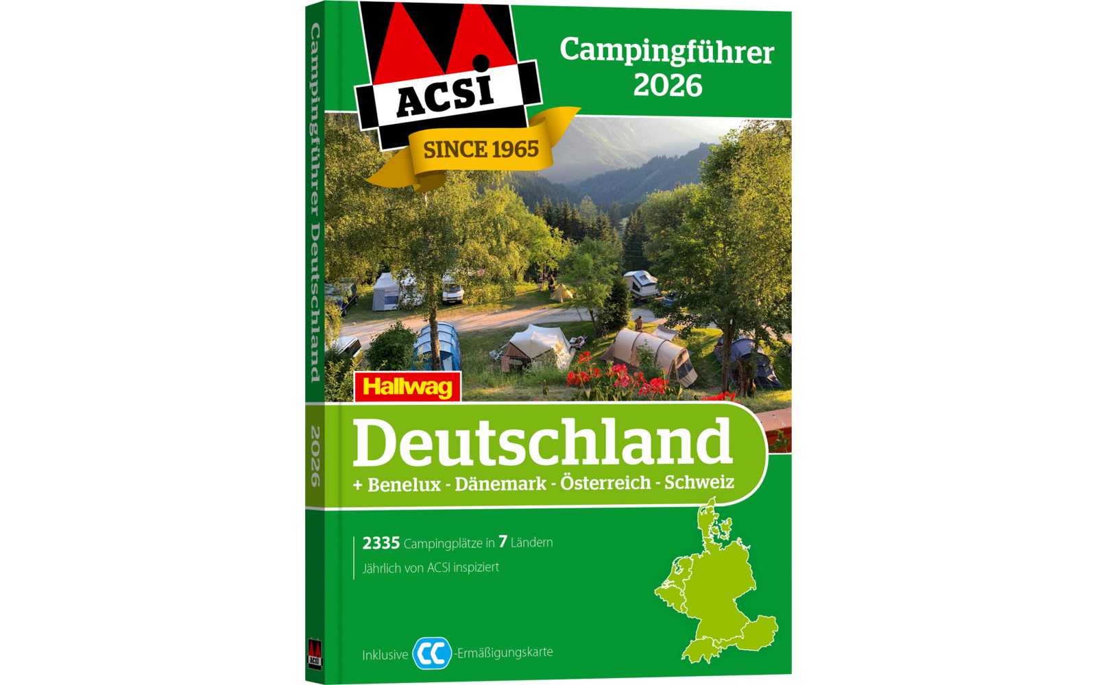 Titelbild des ACSI Campingführer 2026 für Deutschland mit einem Bild von Zelten und Wohnwagen in einer grünen Landschaft