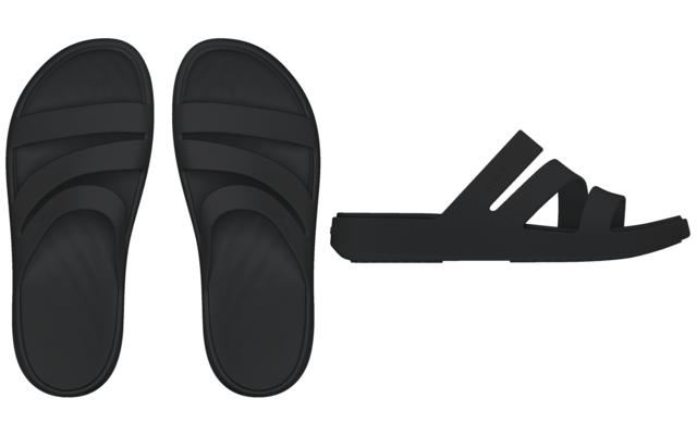 Dos chanclas negras; a la izquierda vista superior de ambas, a la derecha vista lateral de una chancla