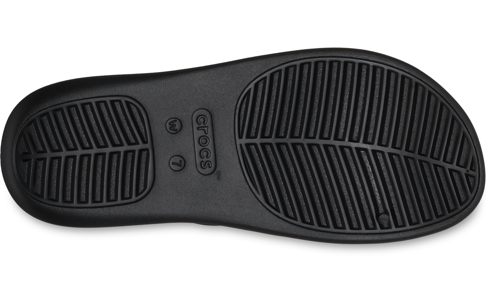 Suela de zapato negra con dibujo y marca 'Crocs', sobre fondo blanco