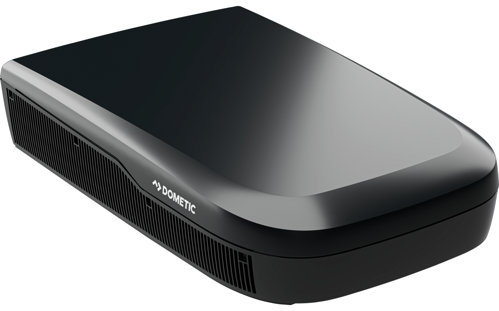 Schwarzes, längliches Gehäuse mit abgerundeten Kanten, glänzender Oberseite, Lüftungsschlitzen an der Seite und weißer Aufschrift „DOMETIC“