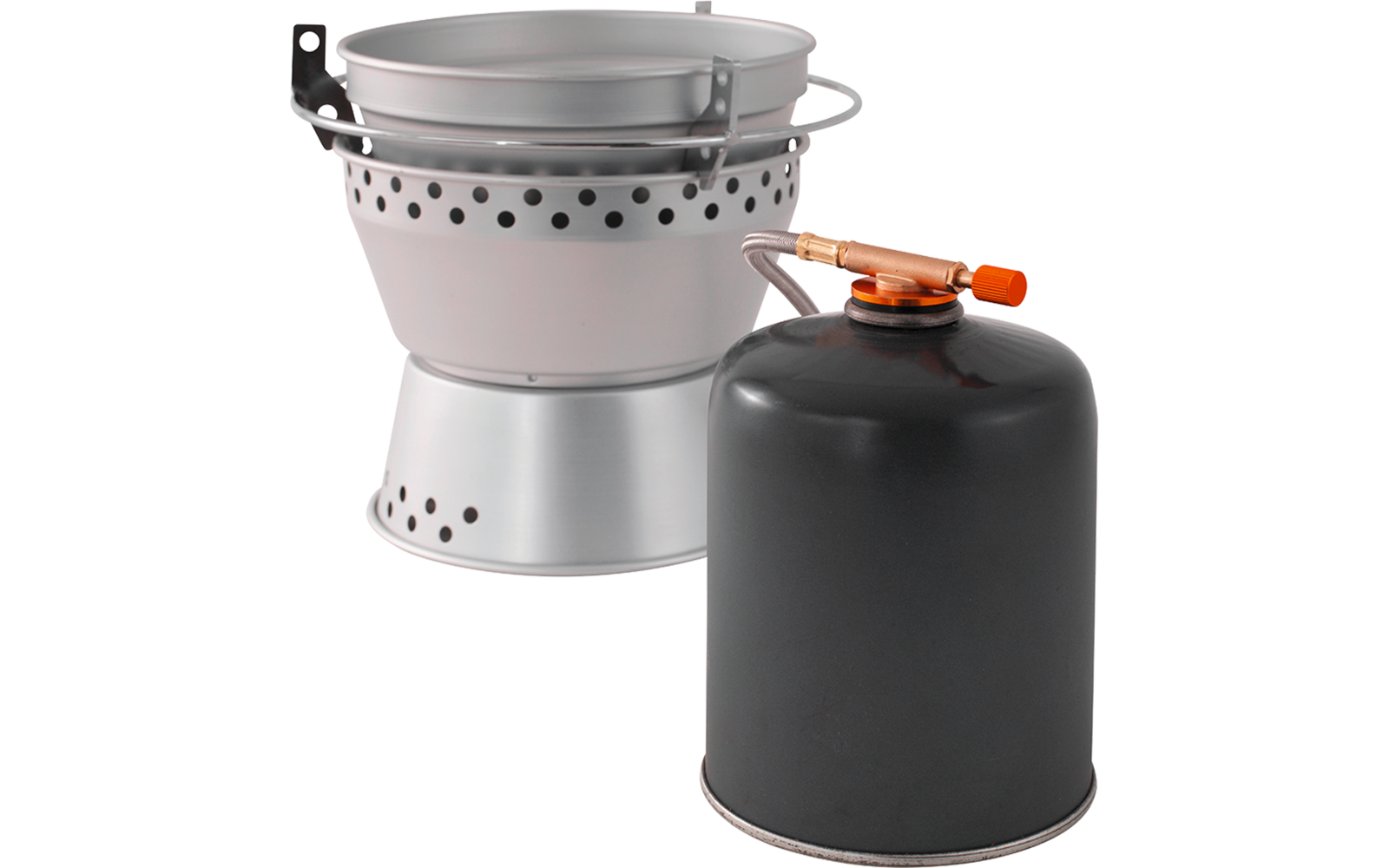 Silbernes zylindrisches Metallgerät mit gelochtem Rand und Sockel; davor eine schwarze runde Gasflasche mit Ventil und orangefarbenem Drehknopf