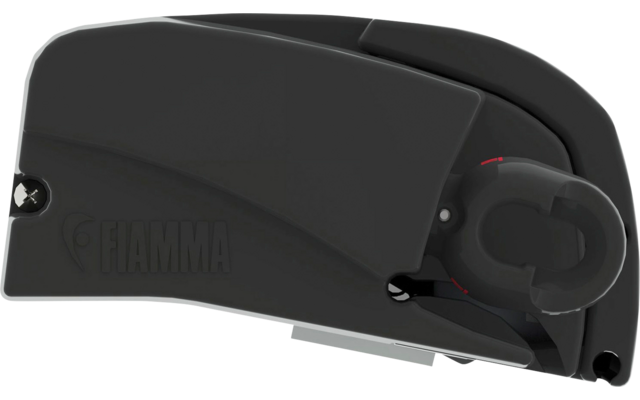 Schwarzes mechanisches Bauteil mit abgerundeten Kanten und sichtbaren Schrauben