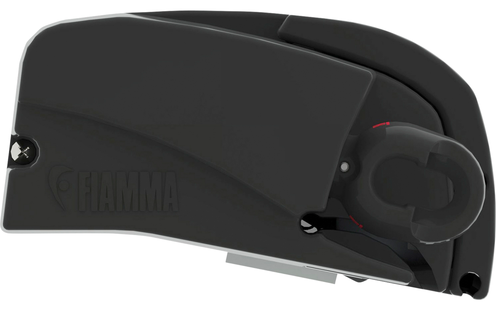 Schwarzes mechanisches Bauteil mit abgerundeten Kanten und sichtbaren Schrauben