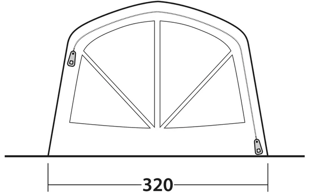 Skizze eines Fensters mit zwei gekrümmten Flügeln und Abmessung von 320 Zentimetern