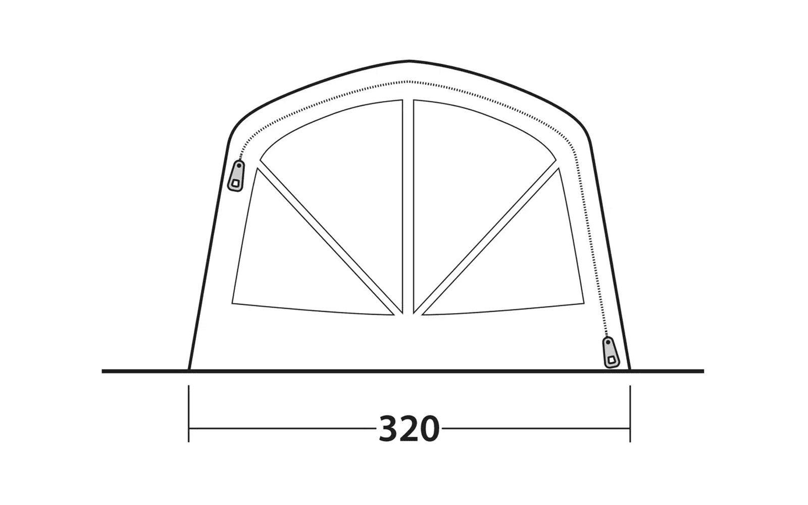 Skizze eines Fensters mit zwei gekrümmten Flügeln und Abmessung von 320 Zentimetern