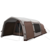 Tenda da campeggio marrone e grigia con più corde di tensione e finestre chiuse