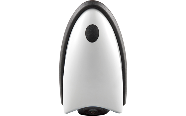 Weißes ovales Gerät mit schwarzem Rand, kleinem schwarzen Kreis oben und sichtbarer Linse unten