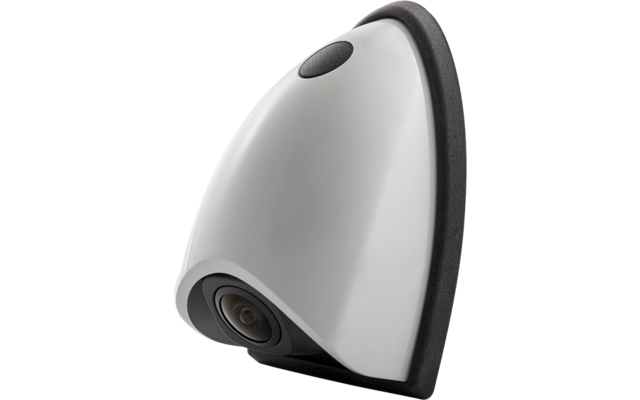 Weißes, halbrundes Gehäuse mit schwarzem Rand und sichtbarer runder Linse