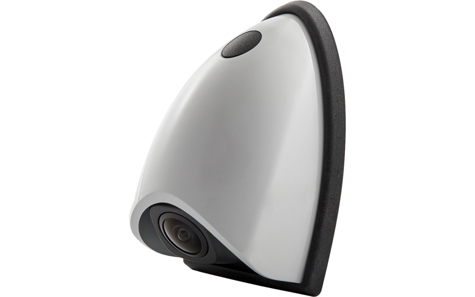 Weißes, halbrundes Gehäuse mit schwarzem Rand und sichtbarer runder Linse