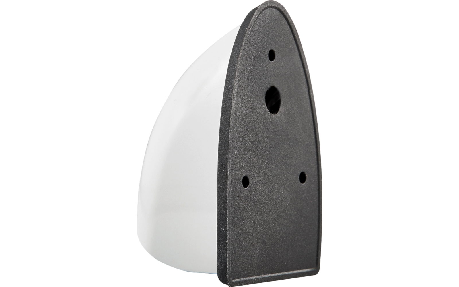 Weißes, halbrundes Kunststoffgehäuse mit schwarzer, dreieckiger Platte mit drei runden Öffnungen