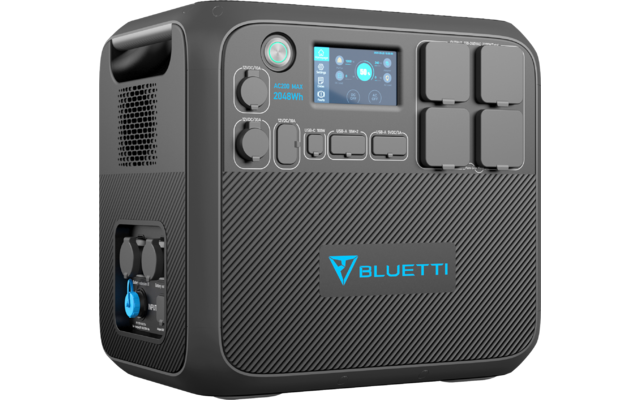 Tragbare schwarze Powerstation mit Display und mehreren Anschlüssen