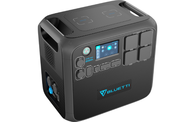 Schwarze tragbare Powerstation mit Display und mehreren Anschlüssen