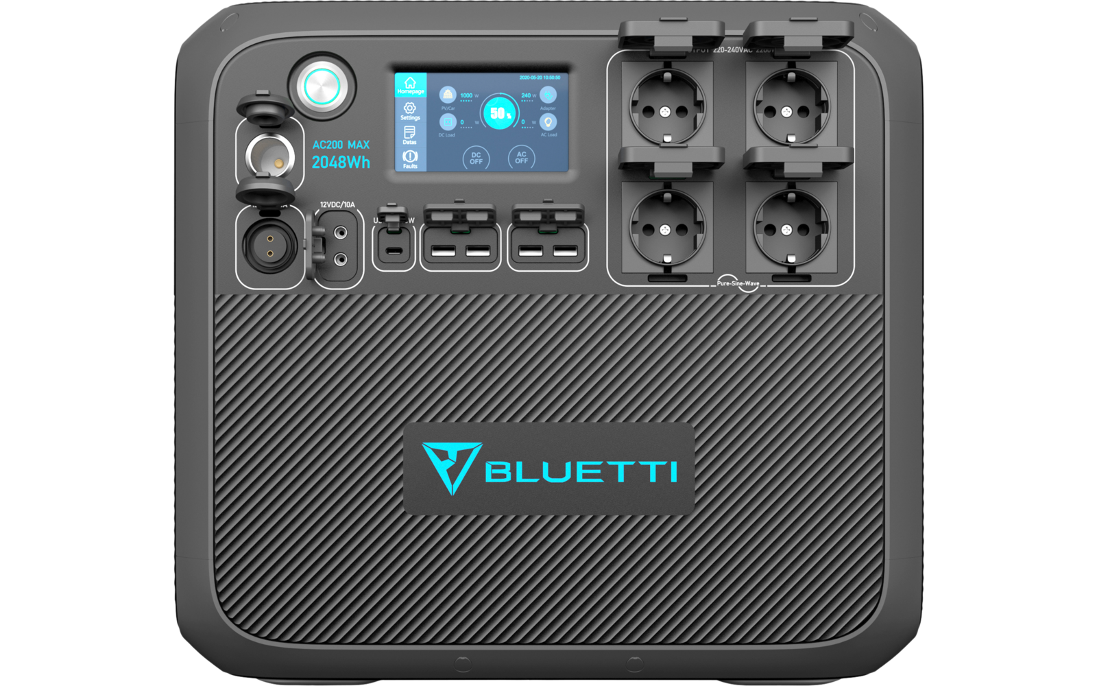 Tragbares Stromaggregat mit mehreren Steckdosen und Bedienfeld