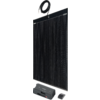 Panneau solaire noir avec cadre argenté en position verticale; en haut pend un câble noir avec connecteurs; devant se trouvent un appareil gris plus grand avec écran et ports et une petite boîte rectangulaire noire