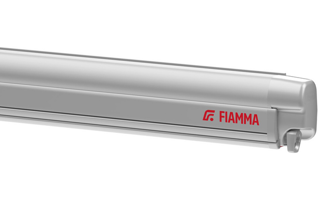 Längliches weißes abgerundetes Gehäuse mit rotem 'FIAMMA'-Logo rechts und grauen Befestigungsteilen