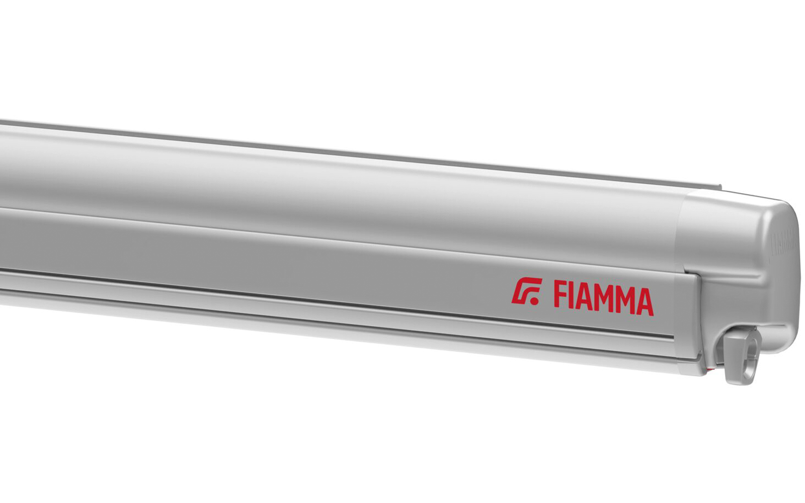 Längliches weißes abgerundetes Gehäuse mit rotem 'FIAMMA'-Logo rechts und grauen Befestigungsteilen